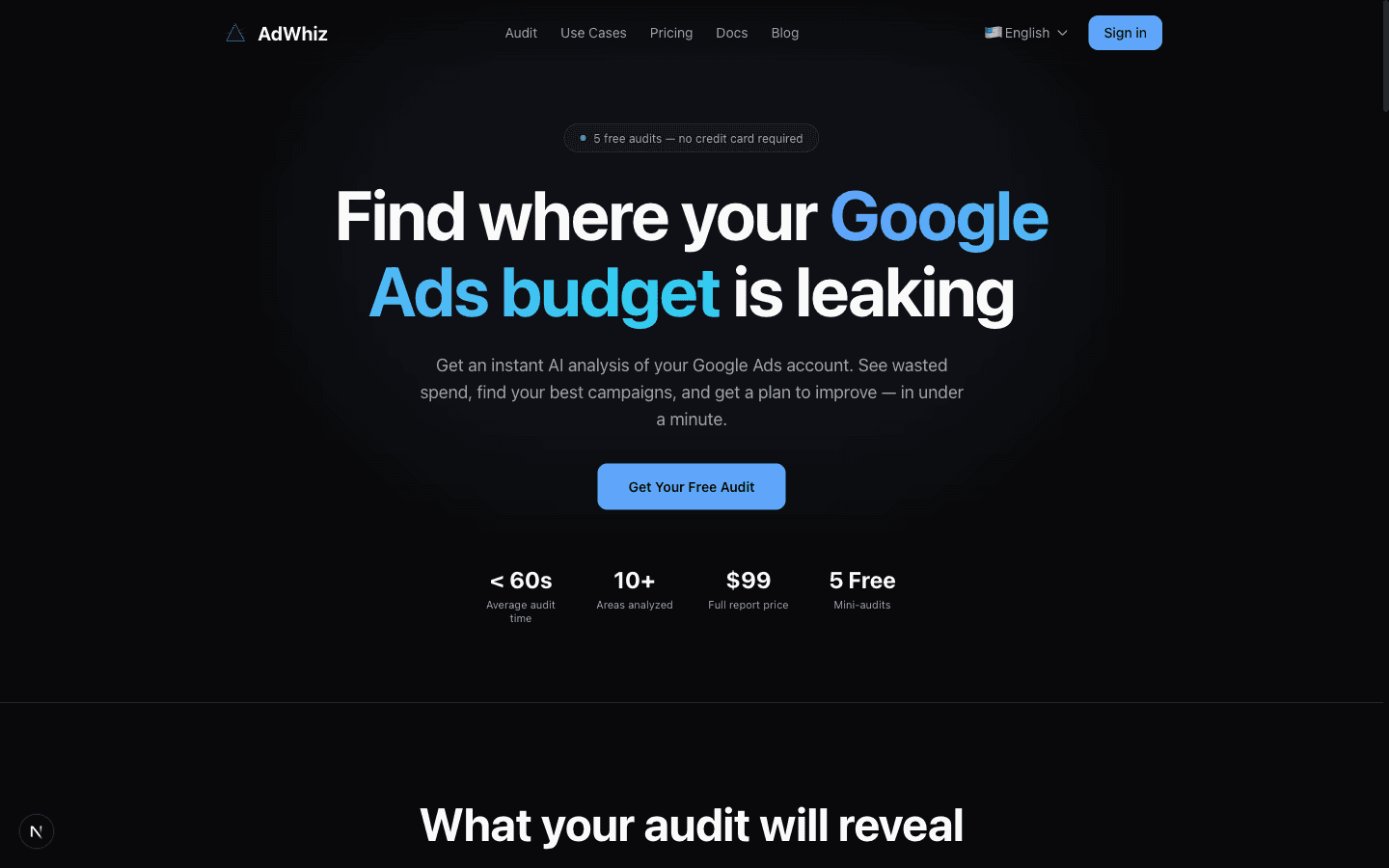 The AdWhiz audit page with a Get Started button