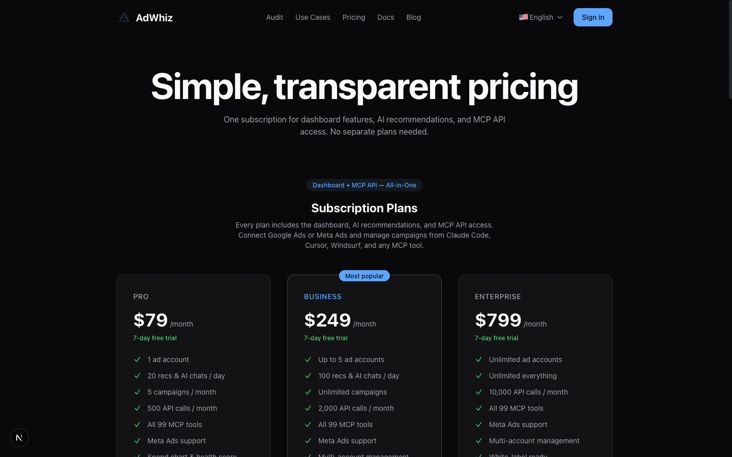 AdWhiz pricing page showing the three subscription plans