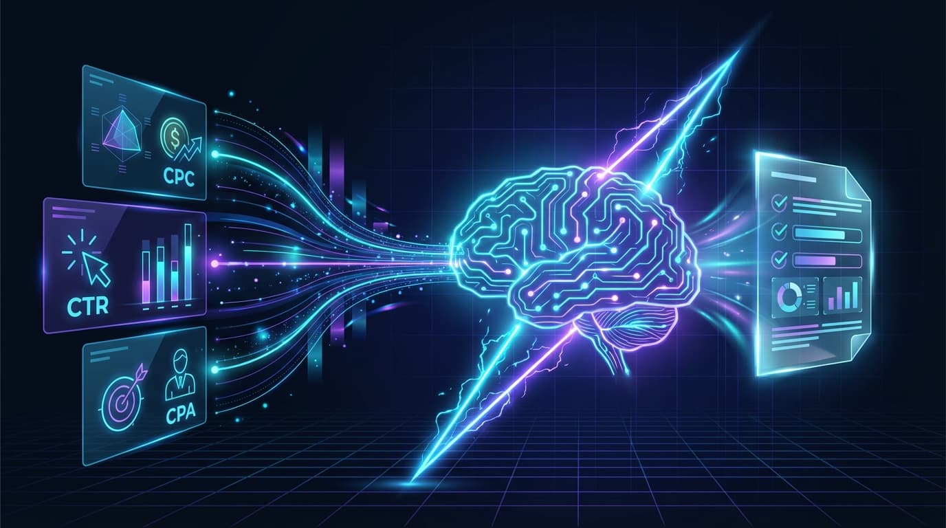 AI neural network brain analyzing advertising data streams and generating an audit report