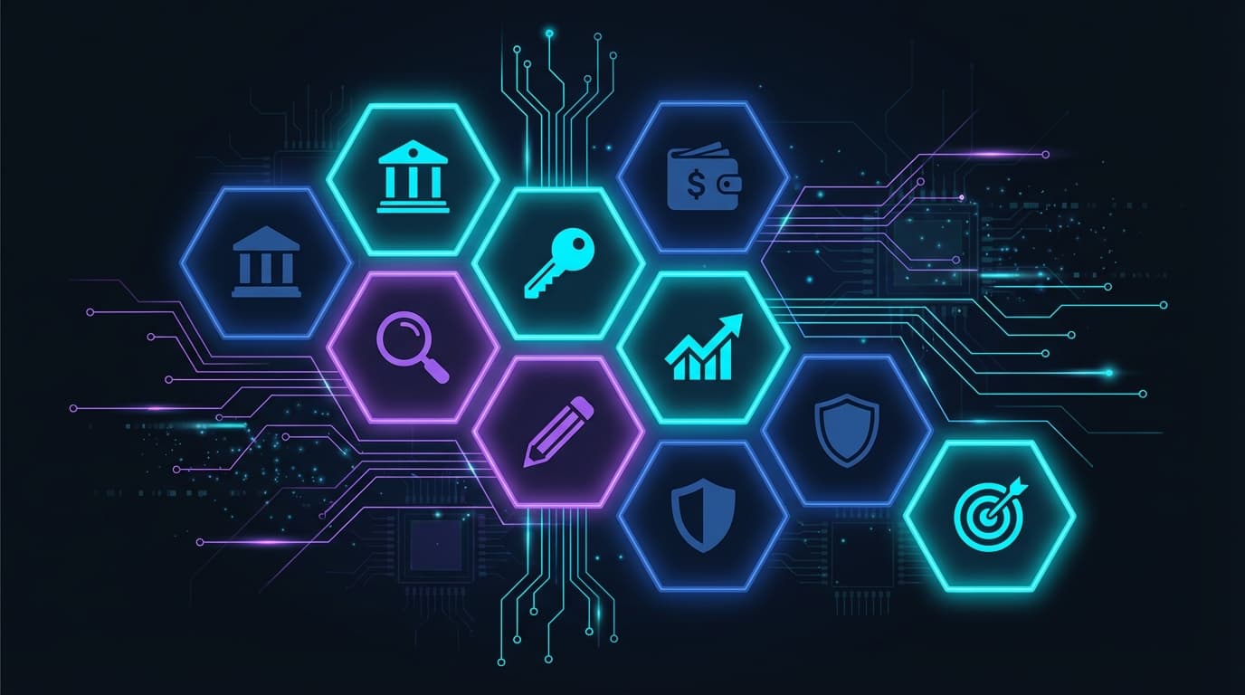 Grid of eight audit areas connected by circuit lines: campaign structure, keywords, search terms, budget, bidding, ad copy, negatives, and conversions