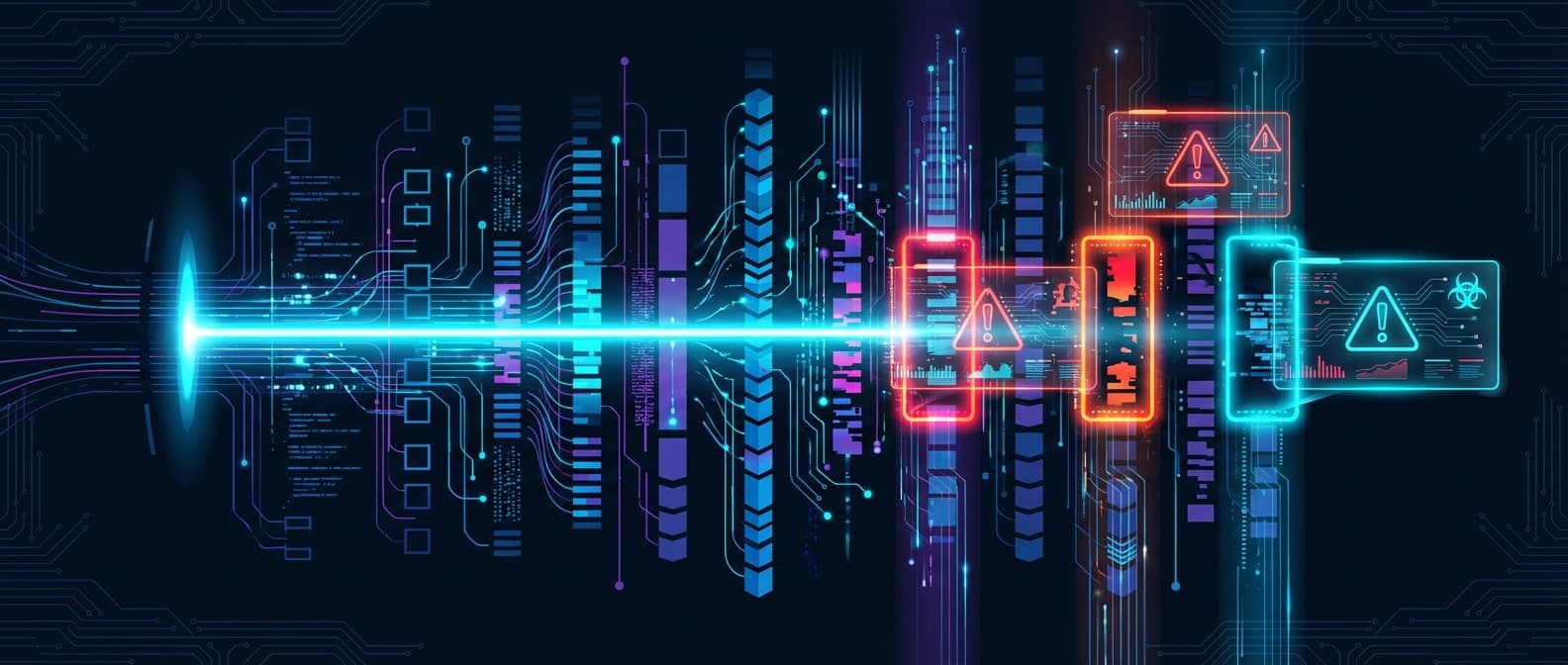 AI scanner beam sweeping across data columns, flagging three major budget issues