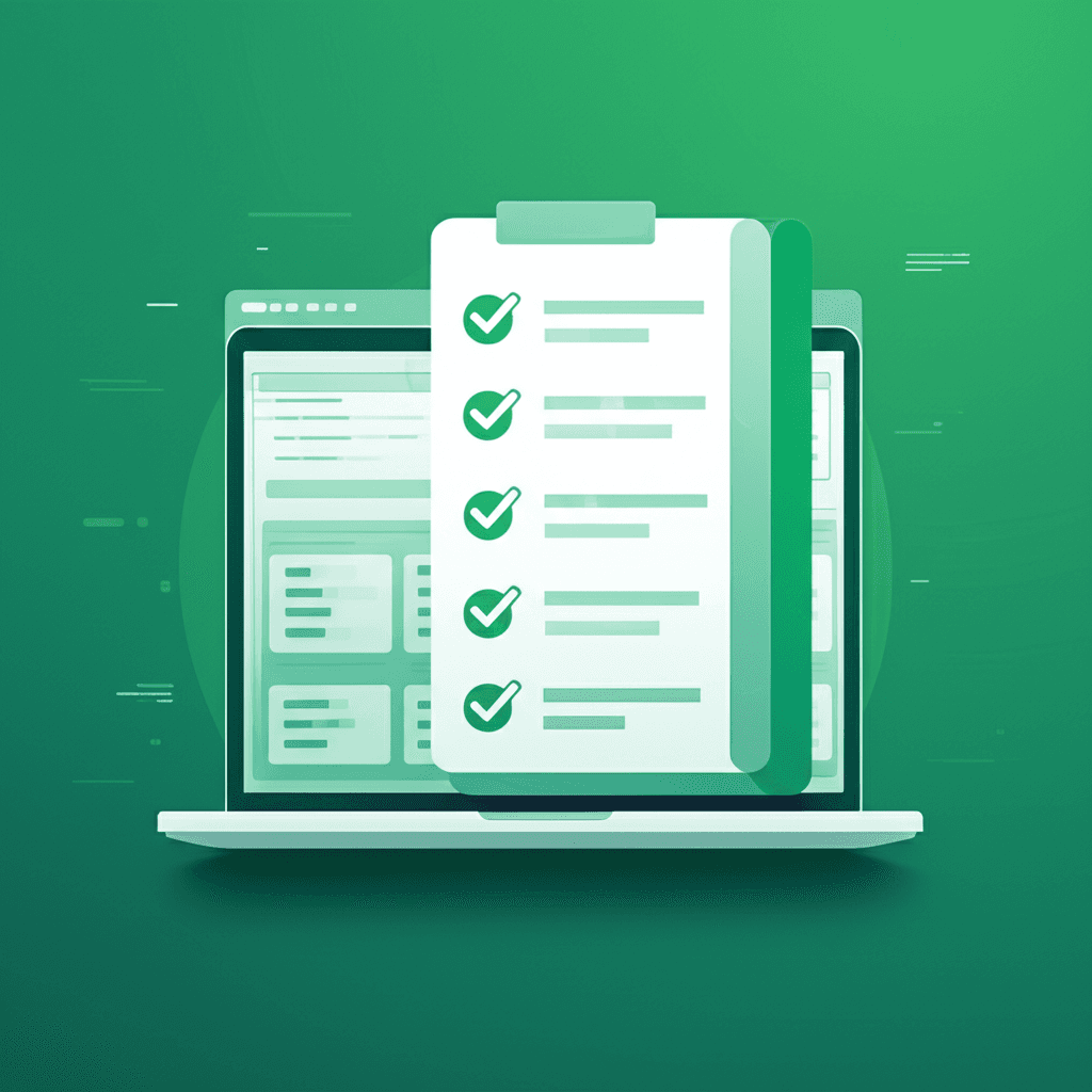 Checklist with green checkmarks next to Google Ads audit items against a gradient background