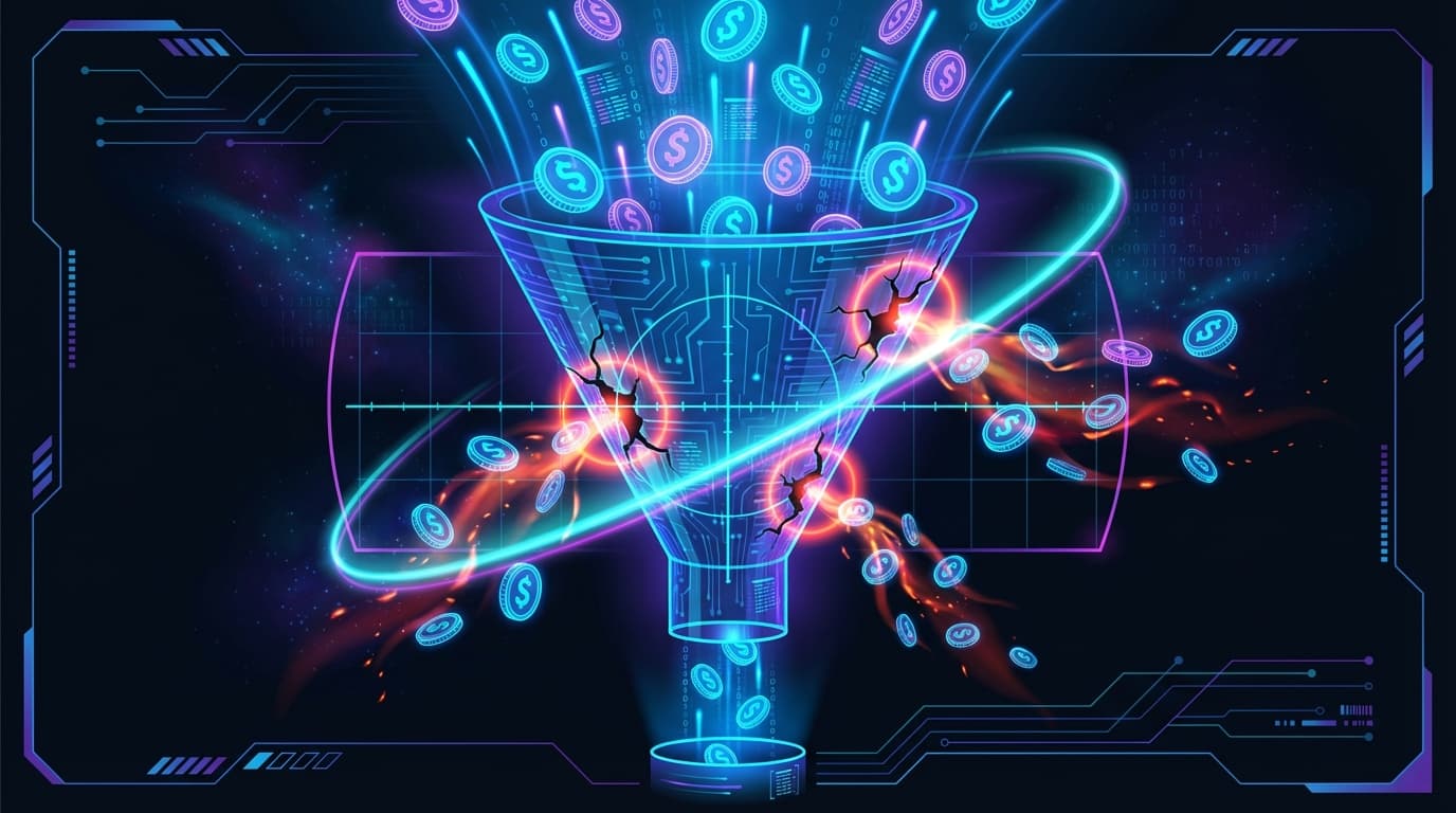 Illustration of money leaking from a funnel representing wasted ad spend