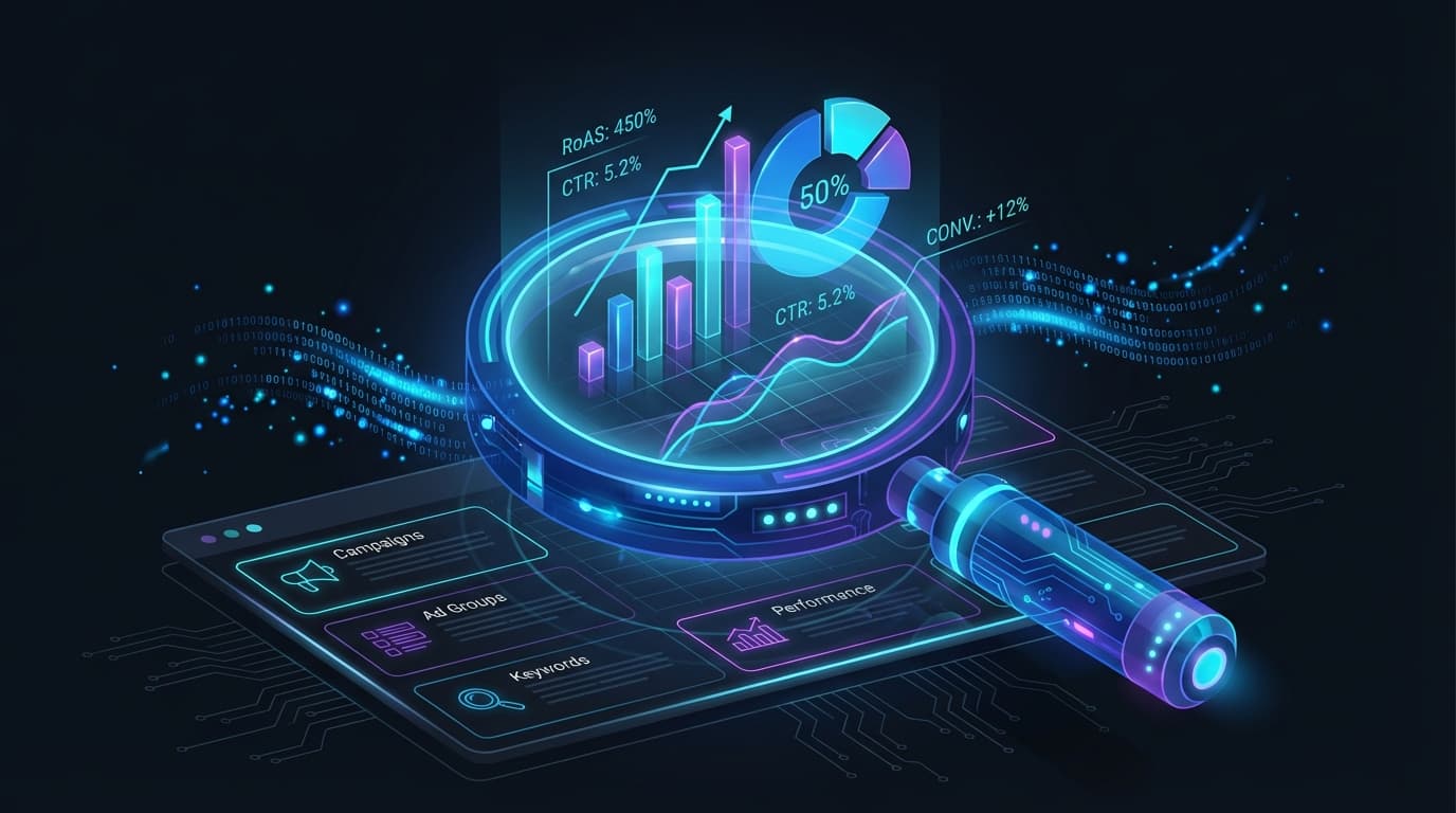 Illustration of a magnifying glass examining a Google Ads dashboard