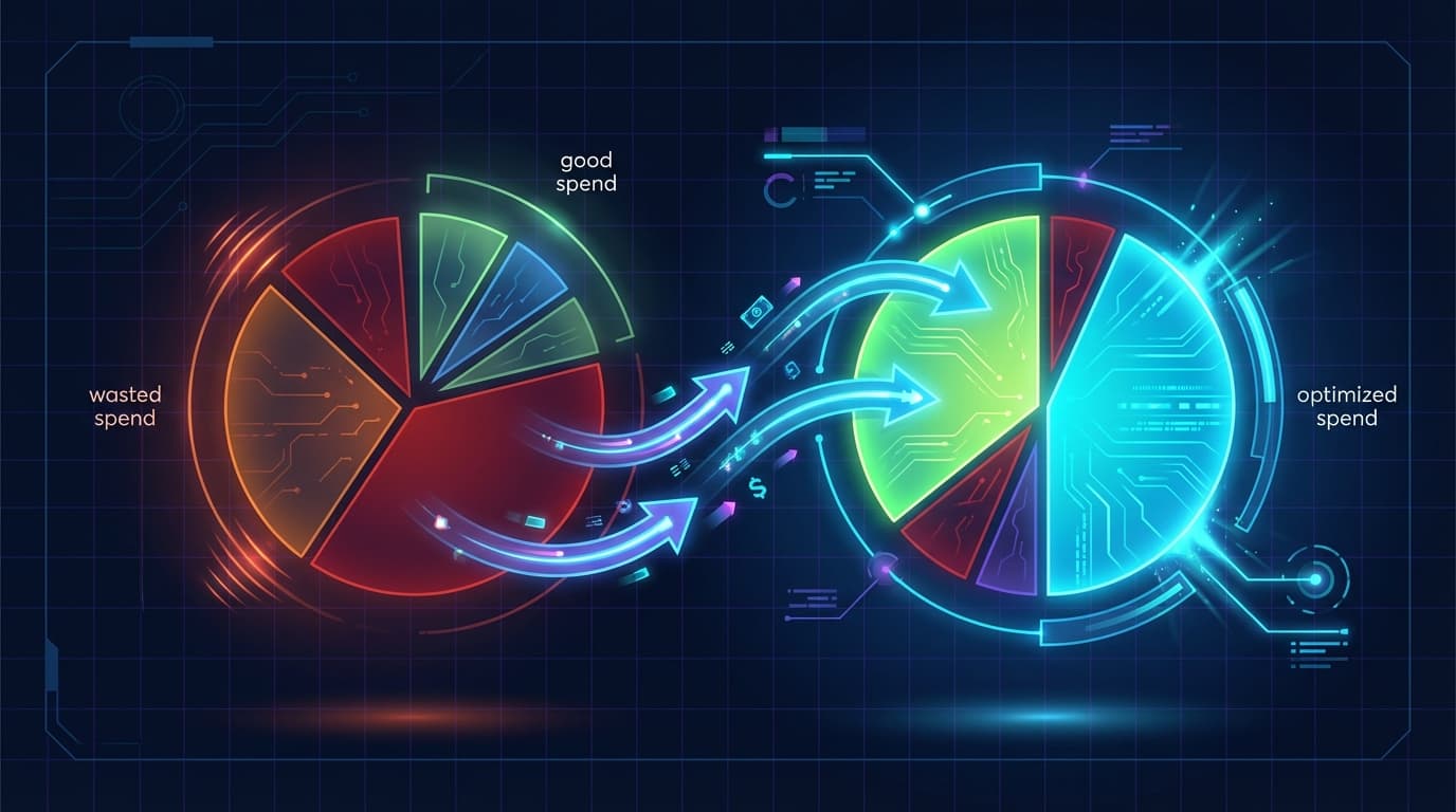 Budget pie chart transforming from unbalanced allocation to optimized distribution