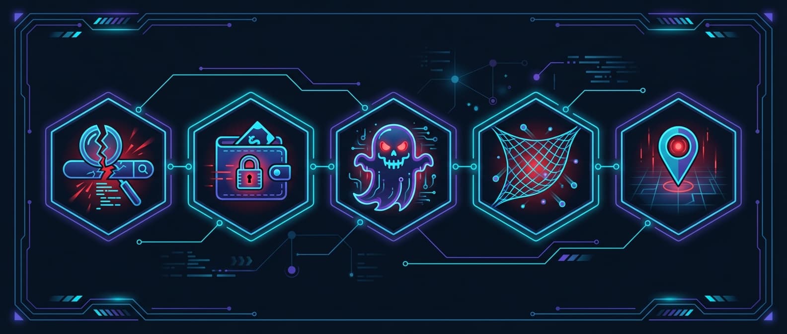 Five icons representing common sources of wasted ad spend: irrelevant terms, starved budgets, zombie campaigns, broad match, and wrong targeting