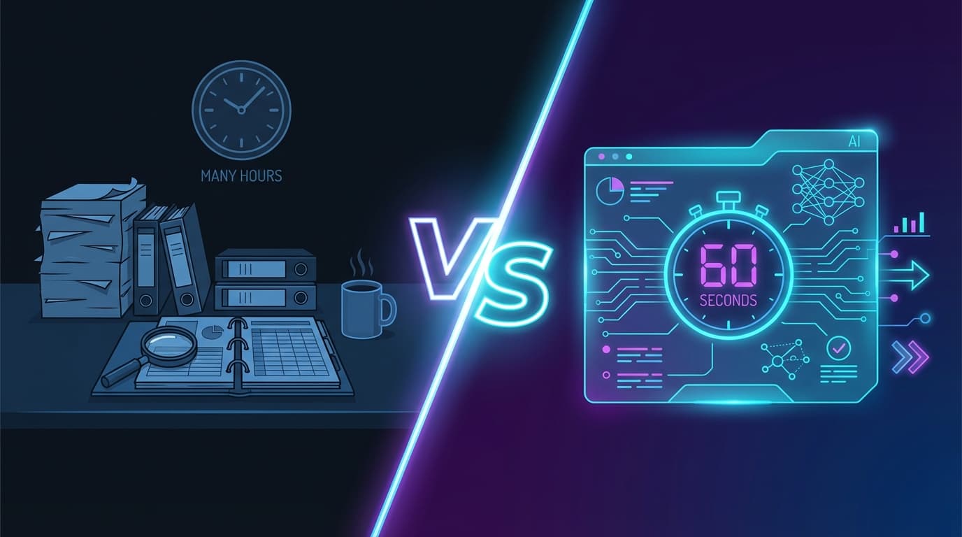 Split-screen comparison: manual audit taking days versus AI audit completing in 60 seconds