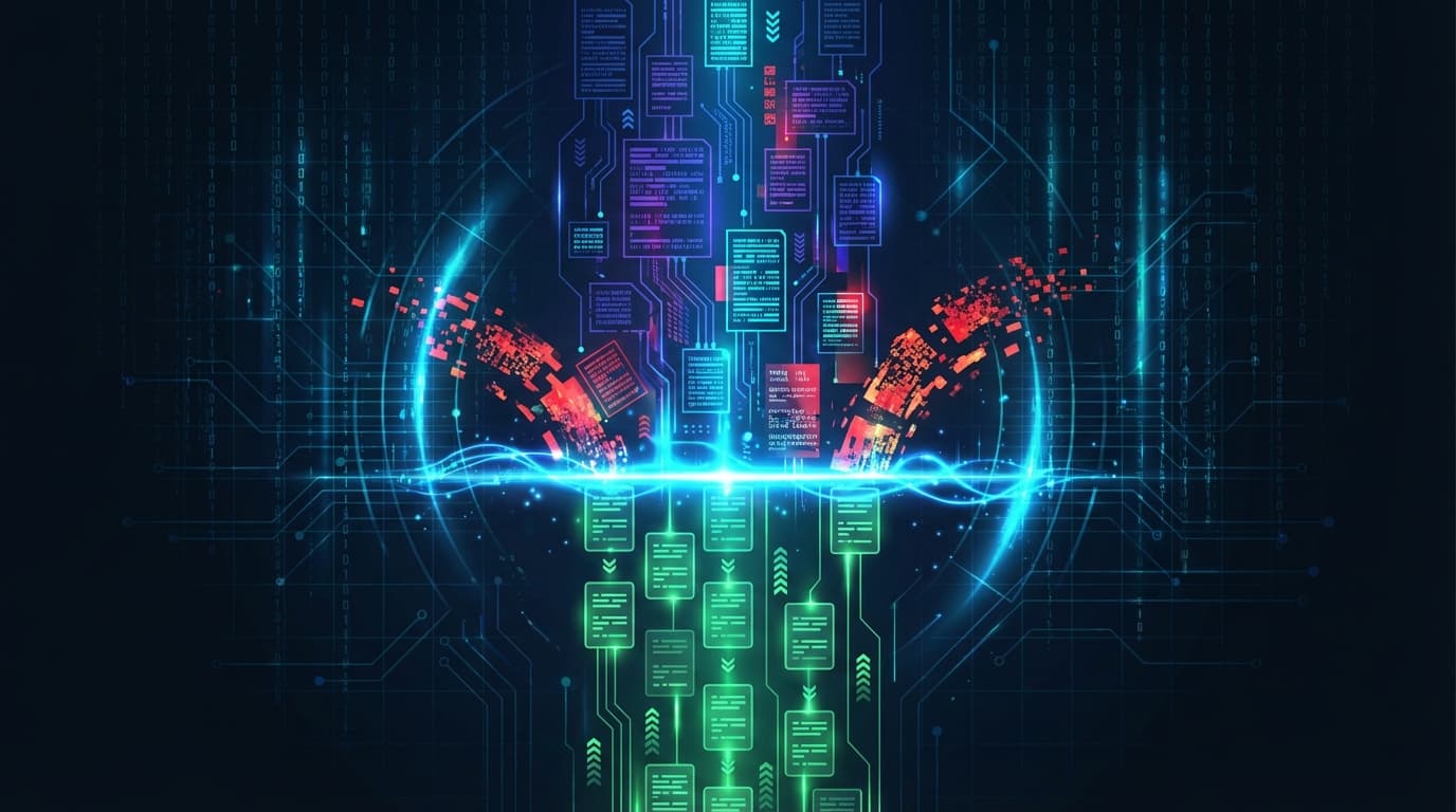 Data stream flowing through a digital filter, separating relevant terms from irrelevant ones