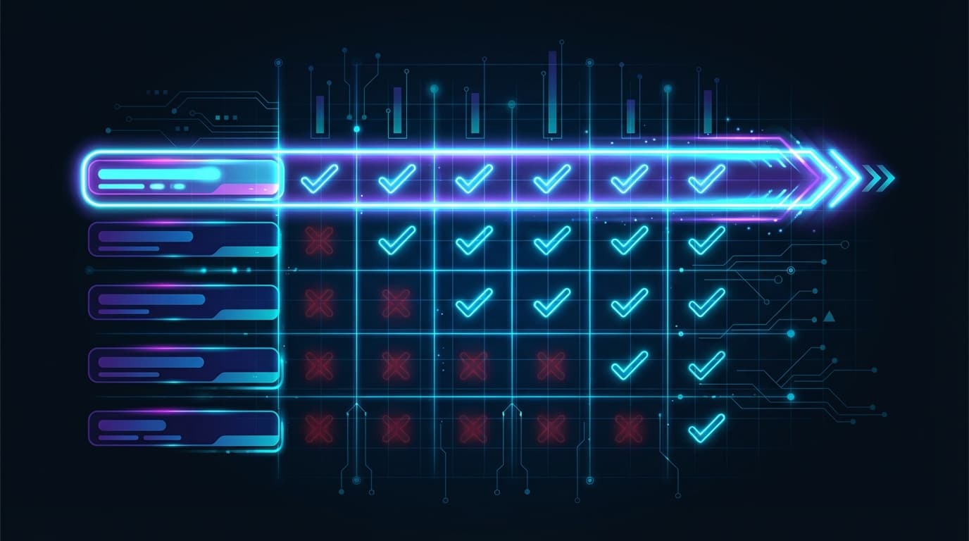 Futuristic comparison matrix showing tools rated across multiple feature dimensions