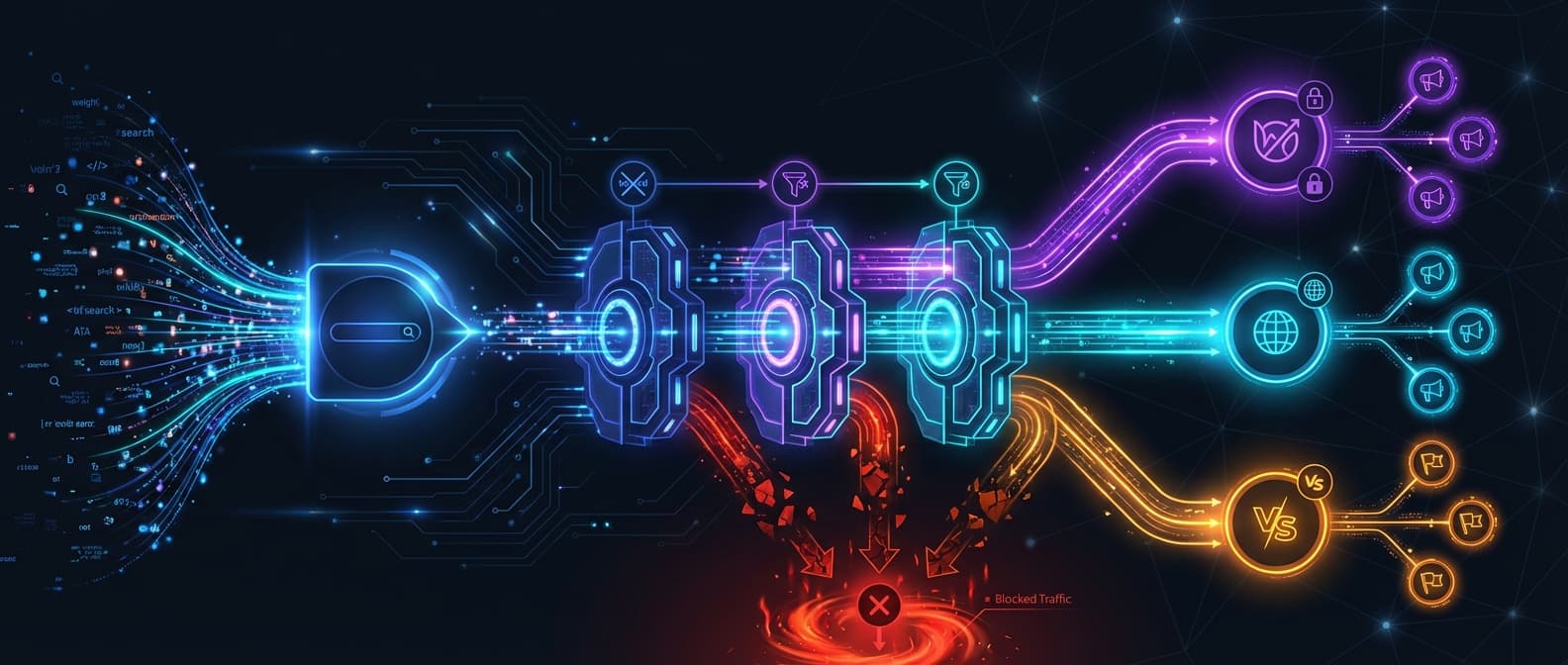 Traffic flow diagram showing search queries being routed to different campaigns through negative keyword filters