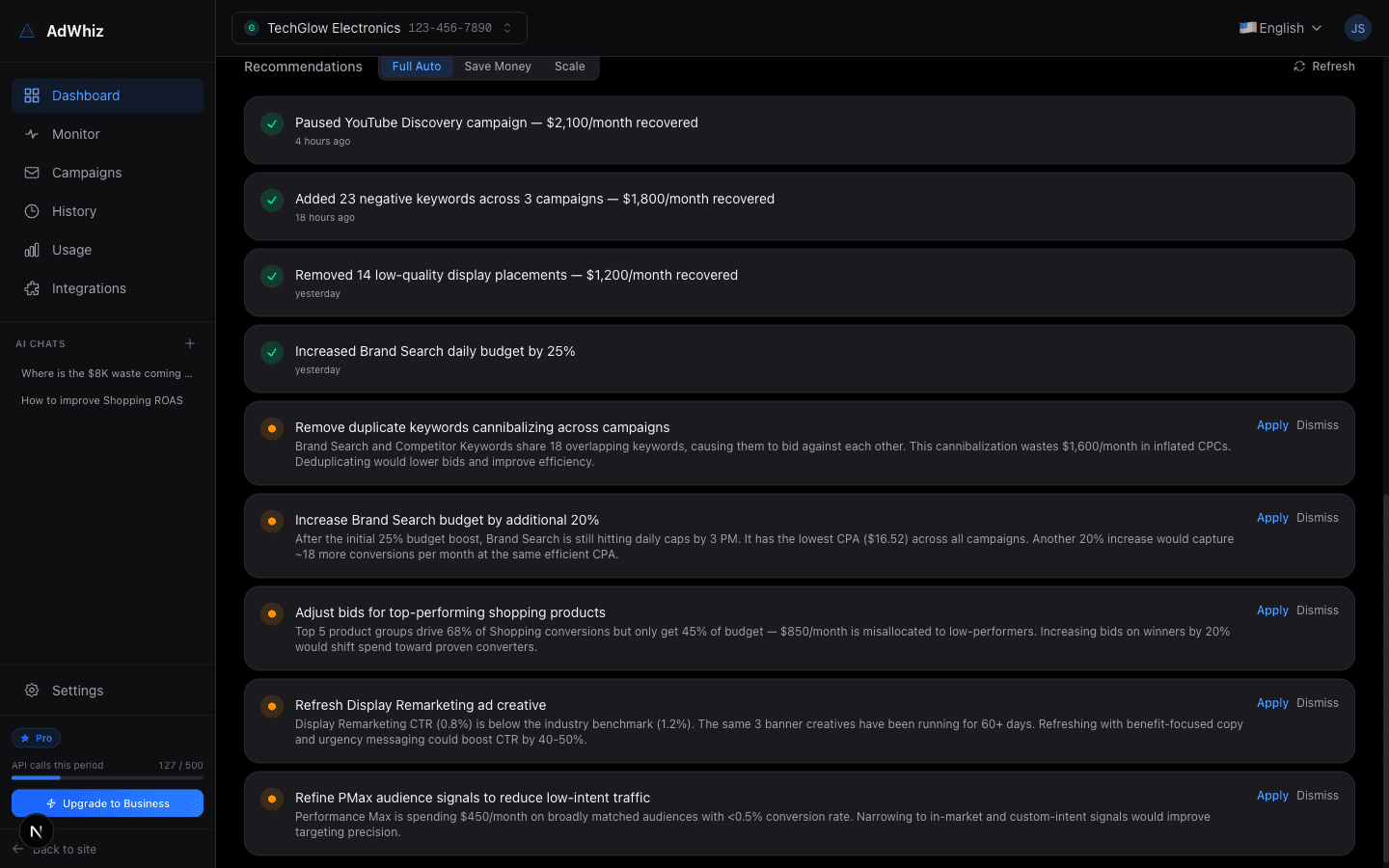 A list of AI recommendation cards showing suggested changes for ad campaigns