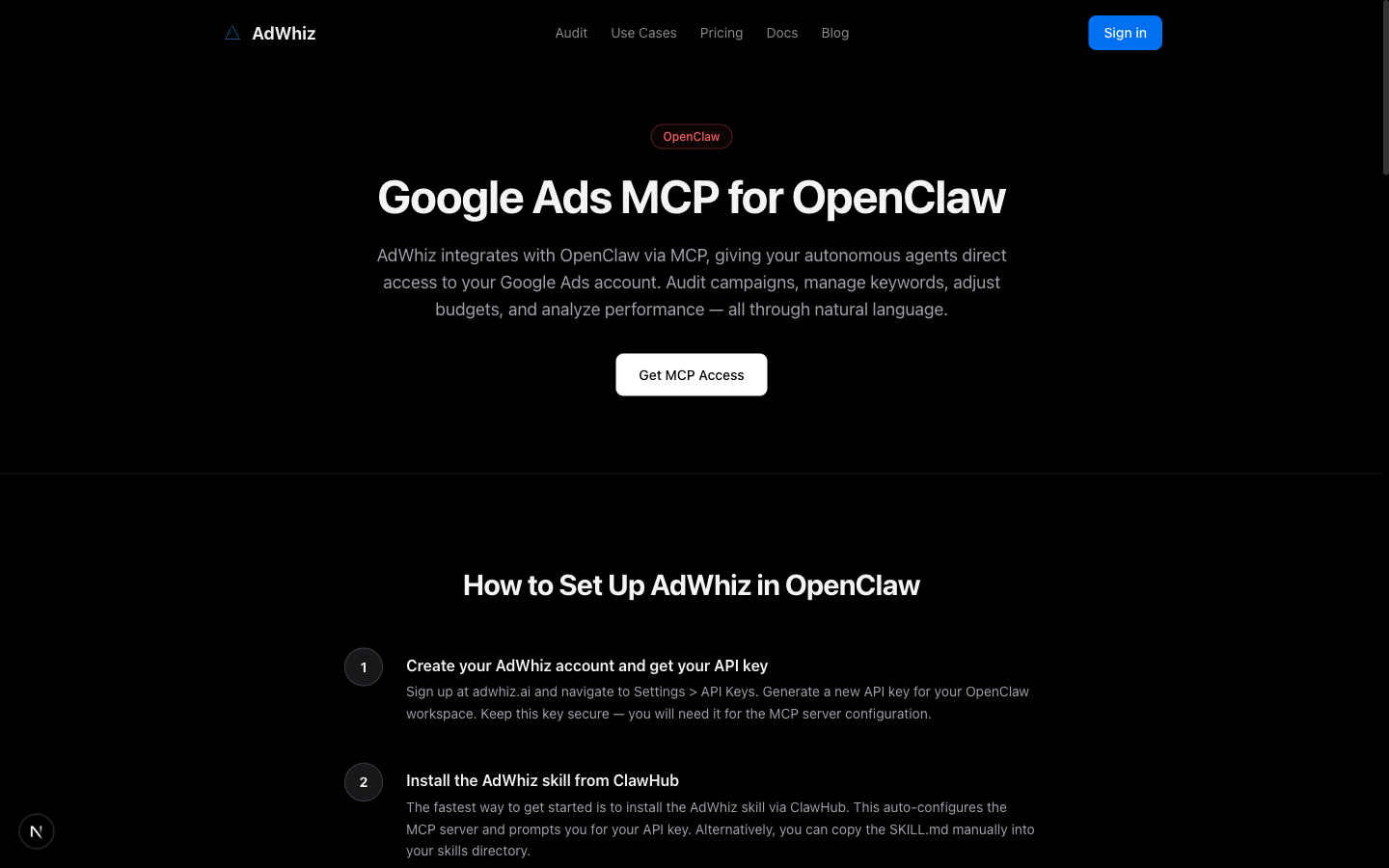AdWhiz OpenClaw integration page showing setup steps, supported tools, and configuration examples